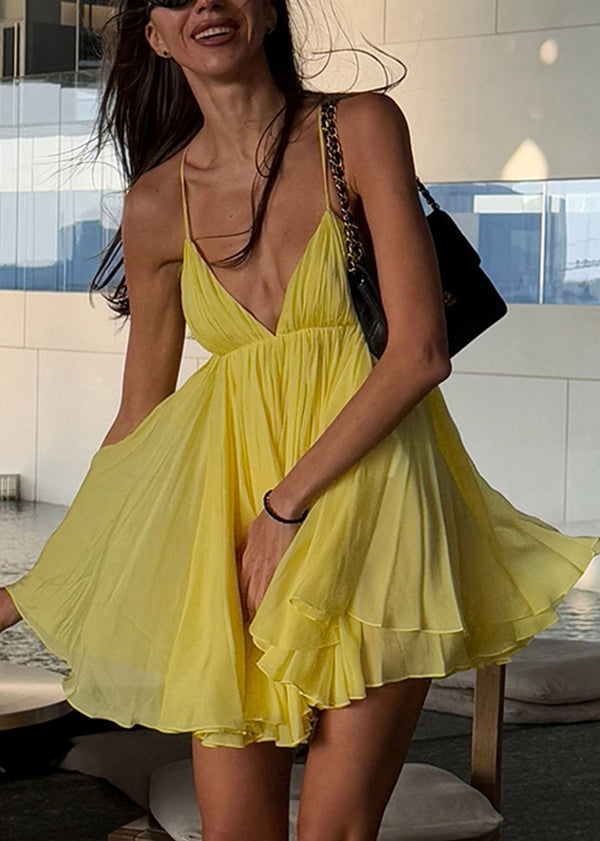 Backless Halter French Summer Spaghetti Yellow Strap Dress