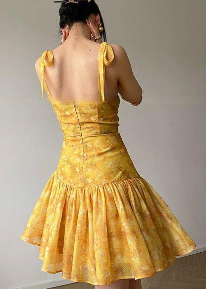 Robe d'été à bretelles fines brodée jaune française EE1001