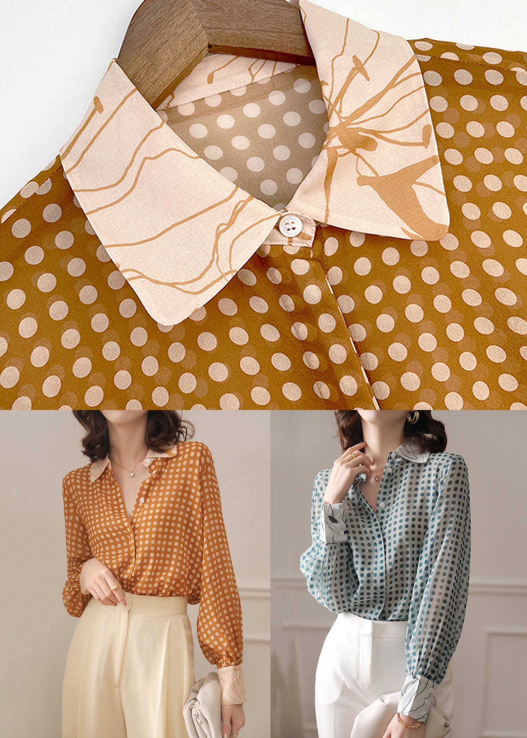 French Yellow Peter Pan Collar Dot Chiffon Blouse Spring Ada Fashion