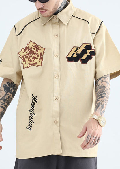 Mens Pan Yellow Collar Shirts Peter French Print Cotton Summer