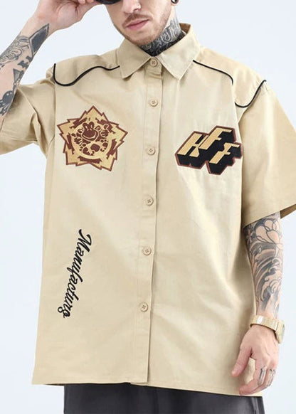 Mens Pan Yellow Collar Shirts Peter French Print Cotton Summer