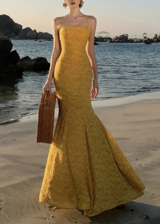 Kleid Print Französisch Gelb Maxi Spaghettiträger Fischschwanz