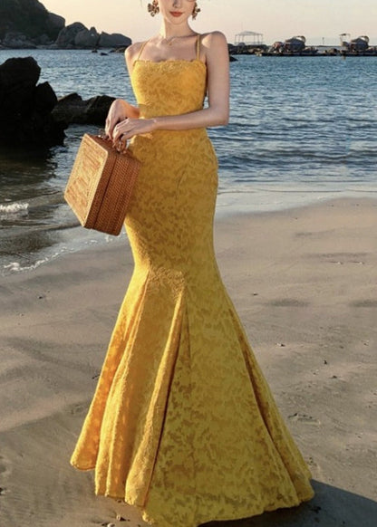 Kleid Print Französisch Gelb Maxi Spaghettiträger Fischschwanz