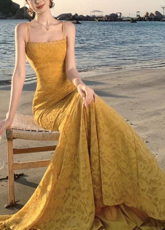 Kleid Print Französisch Gelb Maxi Spaghettiträger Fischschwanz
