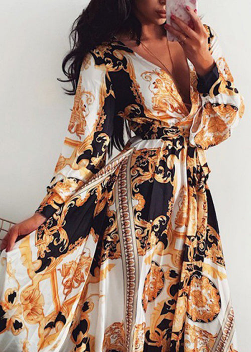 French Yellow Print V Neck Cotton Dress Long Sleeve FF075