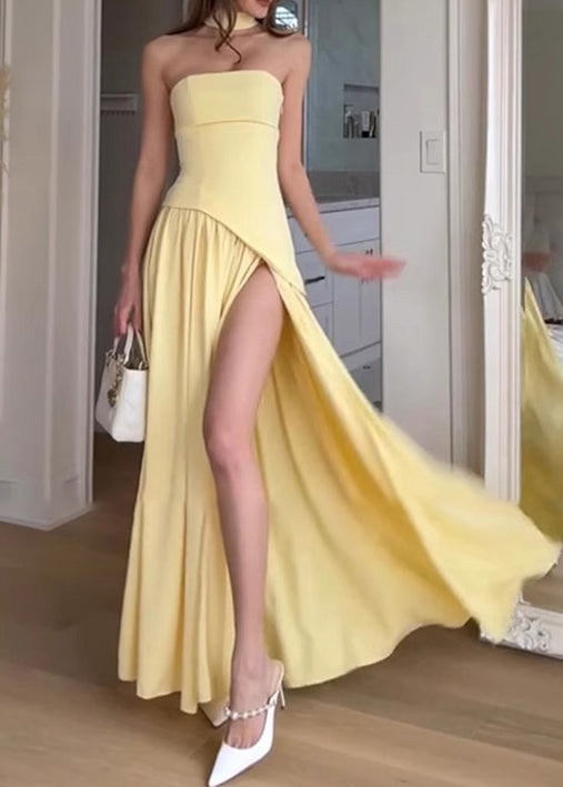 Sommer Französisch Gelb Seite Trägerlosen Patchwork Offenen Kleid