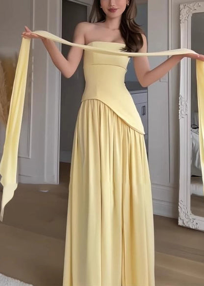 Sommer Französisch Gelb Seite Trägerlosen Patchwork Offenen Kleid