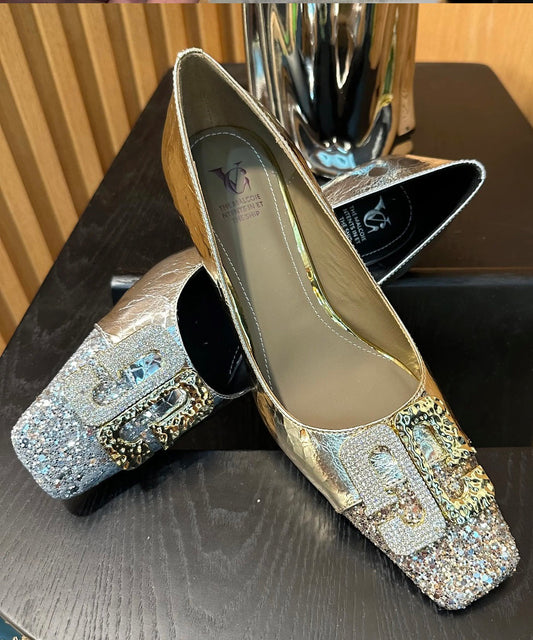 High Splicing Chic Gold Toe Heels Square Zircon Chunky