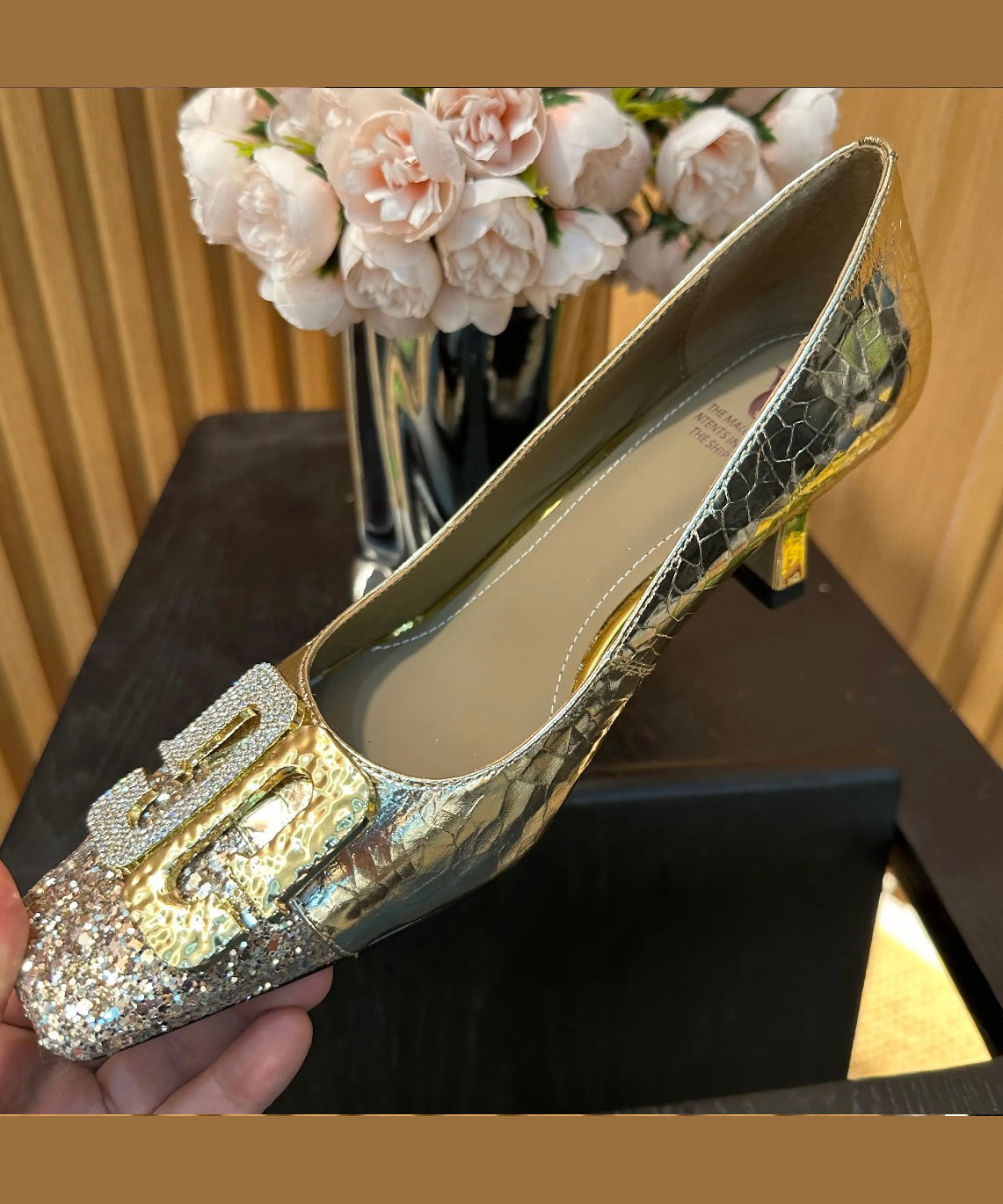 High Splicing Chic Gold Toe Heels Square Zircon Chunky