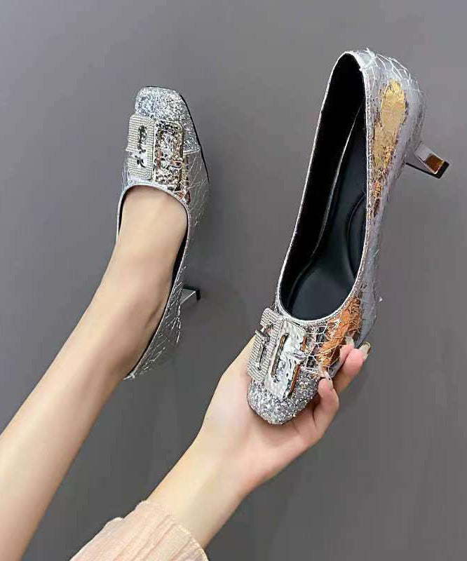 High Splicing Chic Gold Toe Heels Square Zircon Chunky