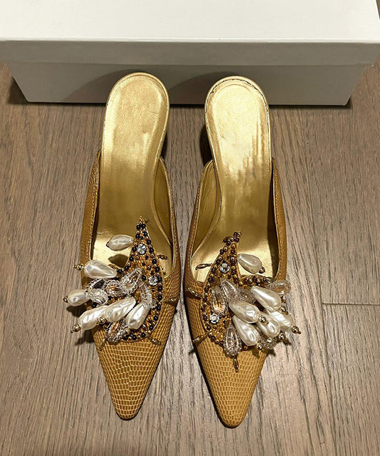 Bead French 2025 New Slide Pointed Sandals Decorated Toe Golden