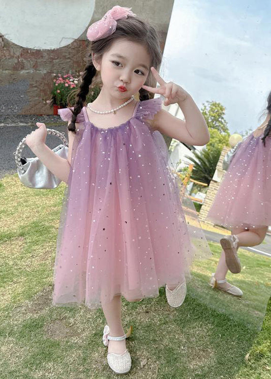 Gradient Color Pink O-Neck Sequins Tulle Girls Mid Dress Short Sleeve GF023