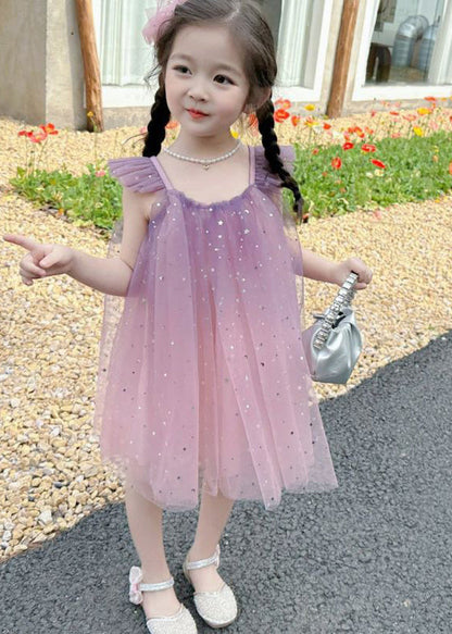 Robe mi-longue en tulle à paillettes et col rond rose dégradé de couleurs pour filles, manches courtes, GF023