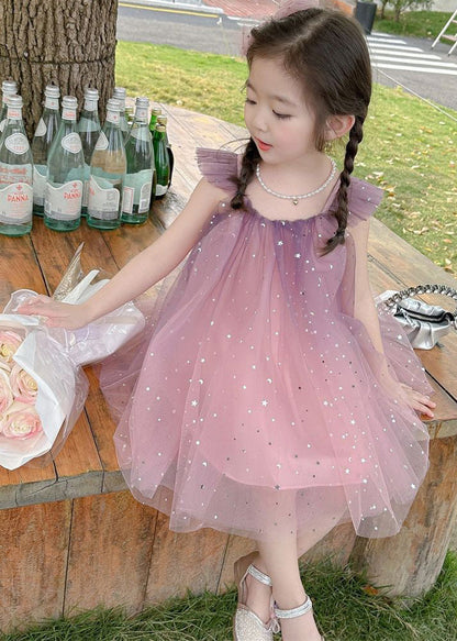 Robe mi-longue en tulle à paillettes et col rond rose dégradé de couleurs pour filles, manches courtes, GF023