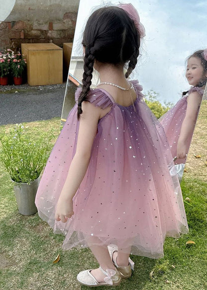 Robe mi-longue en tulle à paillettes et col rond rose dégradé de couleurs pour filles, manches courtes, GF023