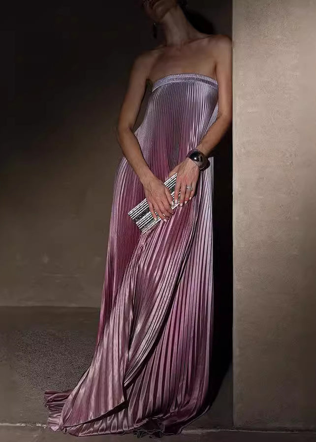 Lange Farbe Ärmelloses Bustier Kleid Farbverlauf Lila Top Zerknittert