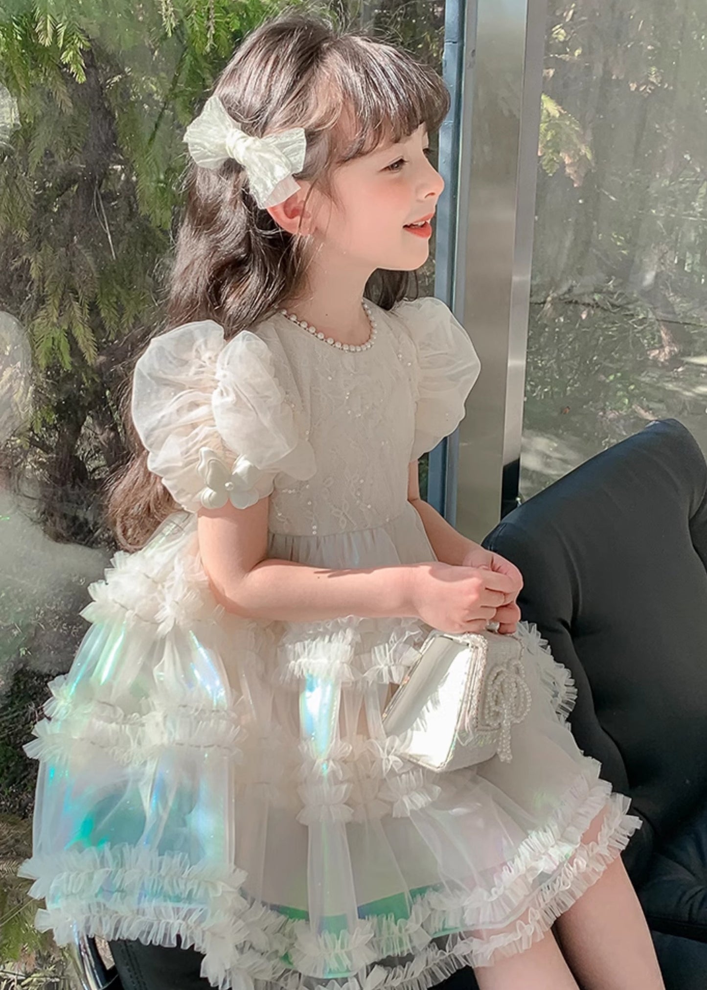 Gradient Color White Ruffled Patchwork Nail Bead Tulle Kids Long Dress Short Sleeve XZ044