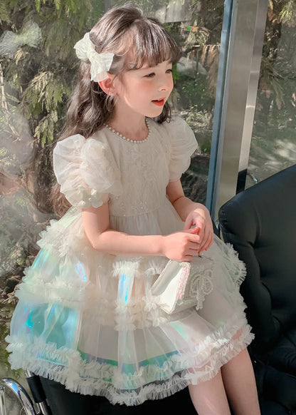 Gradient Color White Ruffled Patchwork Nail Bead Tulle Kids Long Dress Short Sleeve XZ044