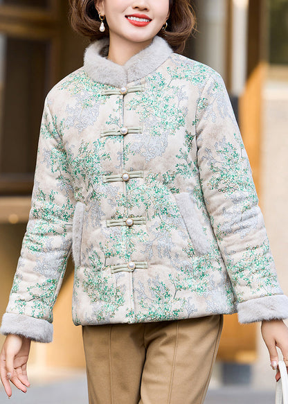 Grüne Knopftaschen Patchwork Warmes Fleece Stehkragen Winter RZ007