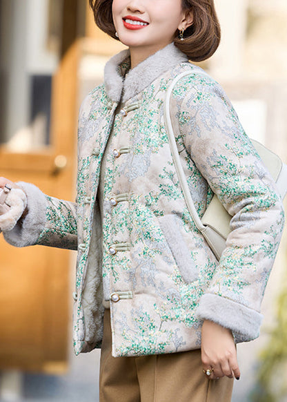 Grüne Knopftaschen Patchwork Warmes Fleece Stehkragen Winter RZ007