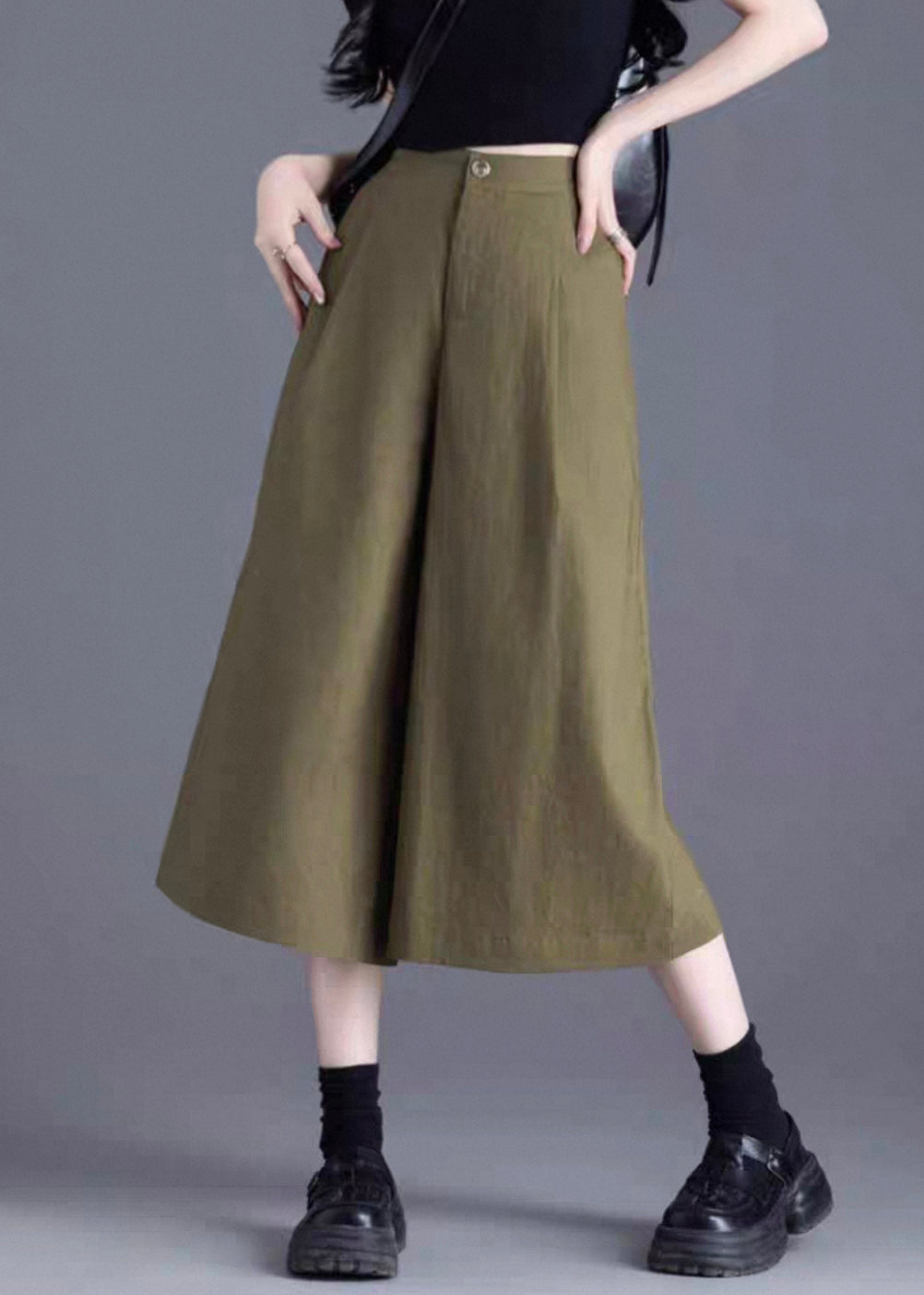 Wide Leg Pants Linen Waist Solid Green High Button