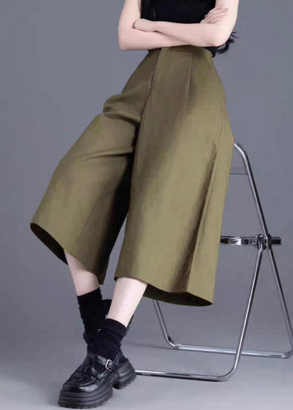 Wide Leg Pants Linen Waist Solid Green High Button