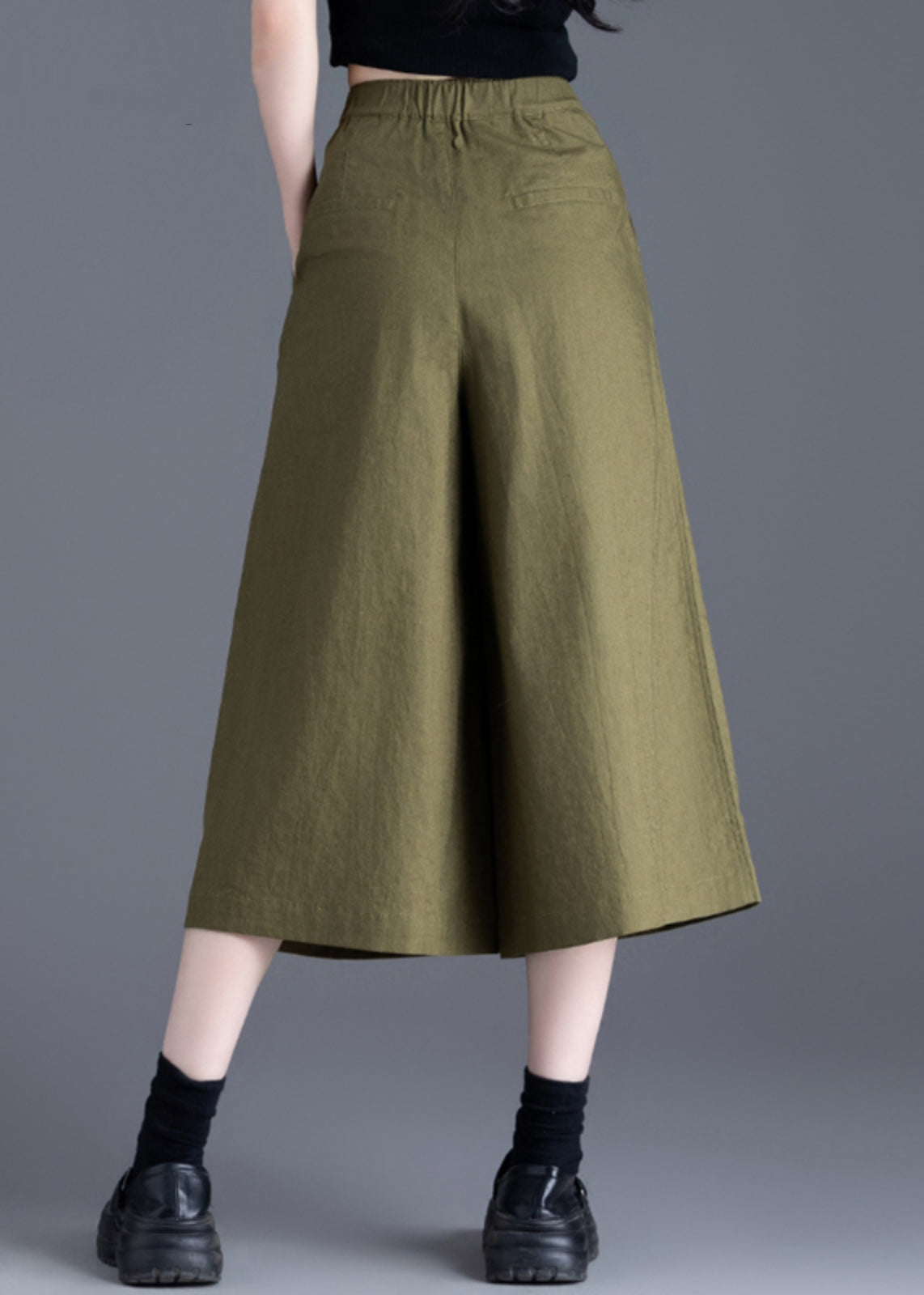 Wide Leg Pants Linen Waist Solid Green High Button