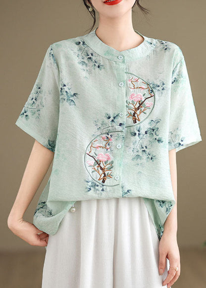 Green Cotton Top Embroidered Stand Collar Button Summer AP056