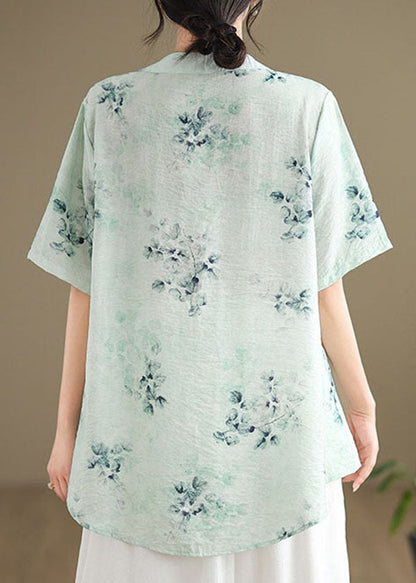 Green Cotton Top Embroidered Stand Collar Button Summer AP056