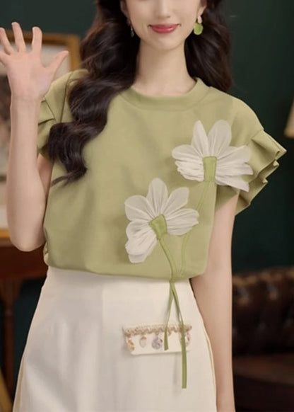 Patchwork Solid Floral Summer Cotton Shirt Green Neck T O