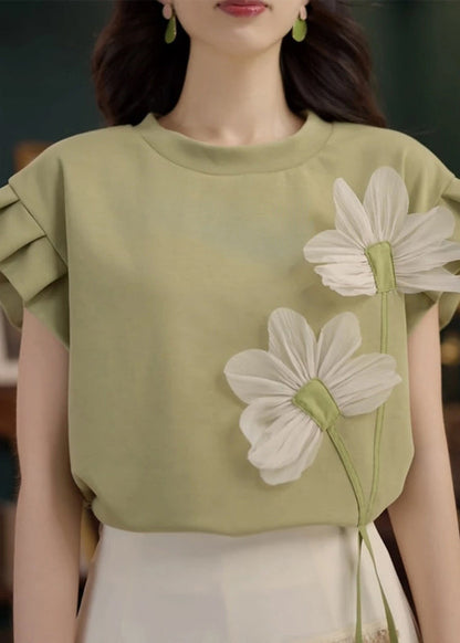 Patchwork Solid Floral Summer Cotton Shirt Green Neck T O