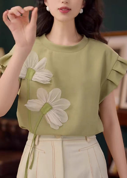 Patchwork Solid Floral Summer Cotton Shirt Green Neck T O