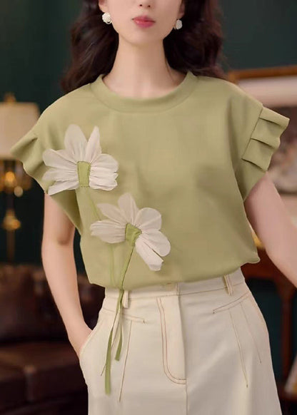 Patchwork Solid Floral Summer Cotton Shirt Green Neck T O