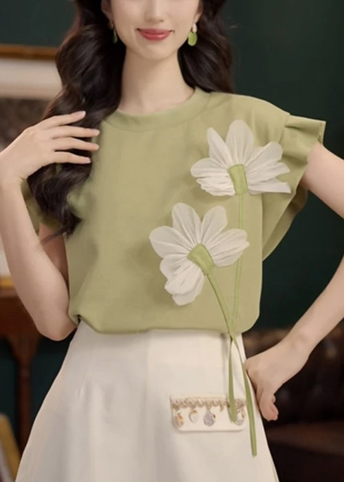 Patchwork Solid Floral Summer Cotton Shirt Green Neck T O