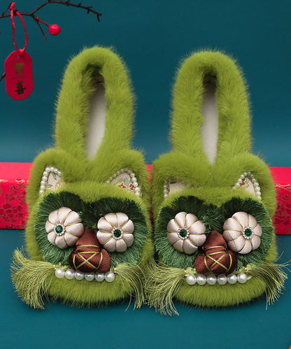 Grüne Fuzzy Wolle Gefüttert Retro Spleißen Flache Schuhe Stickerei TQ042