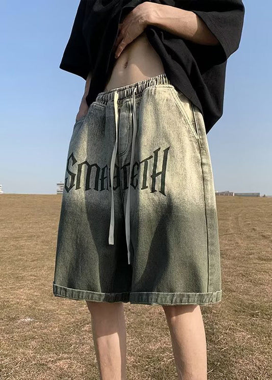 Elastic Pockets Green Color Letter Mens Waist Gradient Shorts
