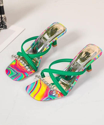 High Splicing Zircon Green Slide Heel Faux Beautiful Leather