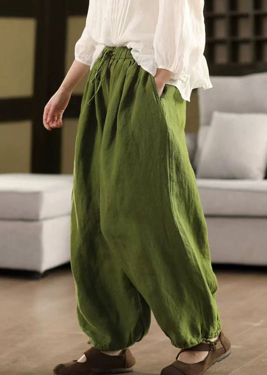 Pantalon d'été uni à lacets, taille élastique en lin, vert court