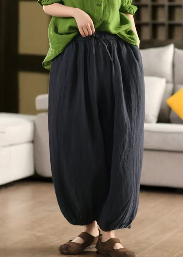 Pantalon d'été uni à lacets, taille élastique en lin, vert court