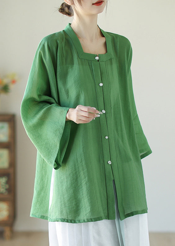 Green Patchwork Button Linen Shirts Long Sleeve AP035