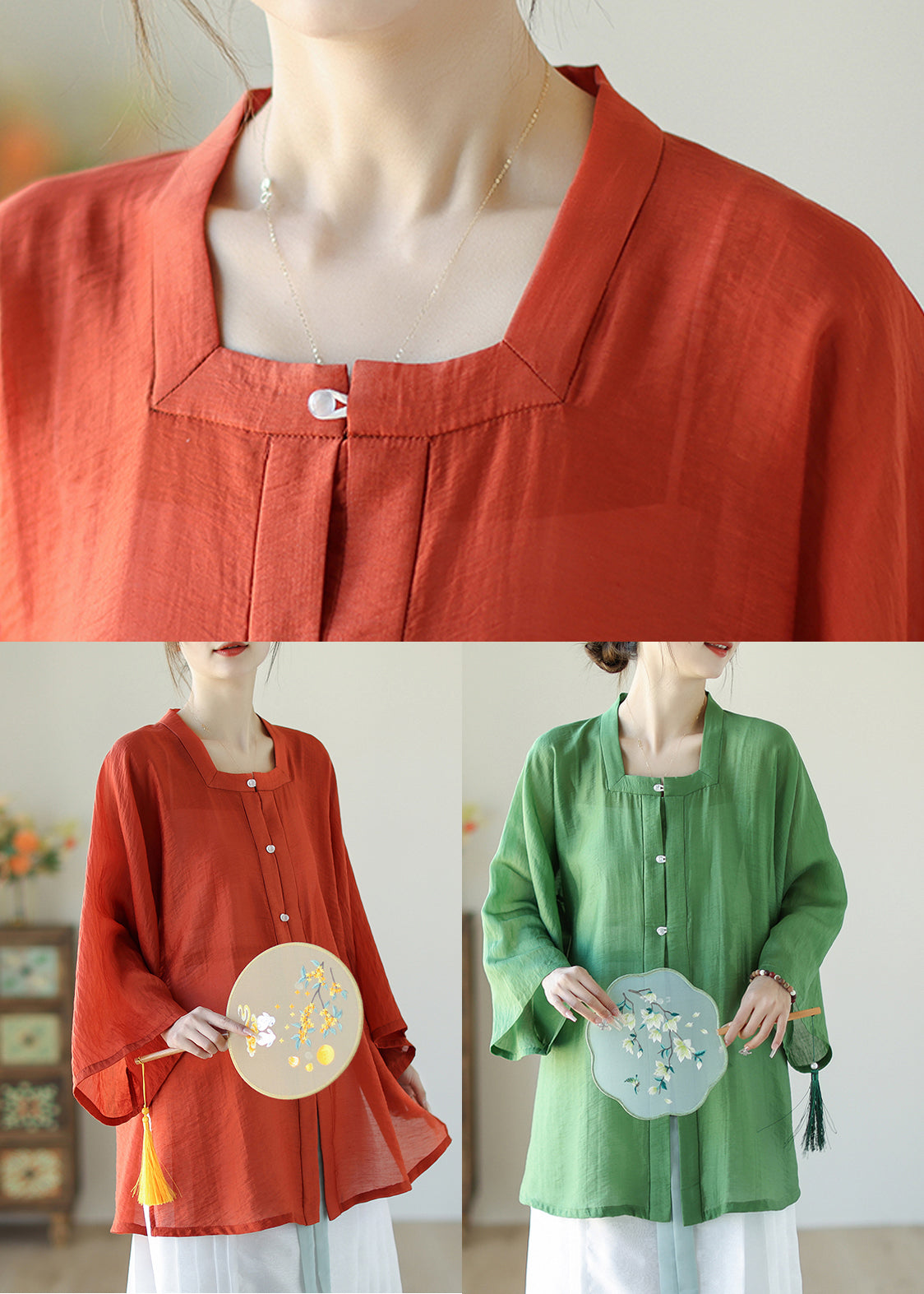 Green Patchwork Button Linen Shirts Long Sleeve AP035