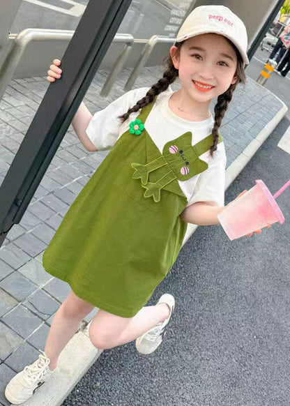 Robe mi-longue en coton patchwork vert pour fille, col rond, manches courtes, EW045