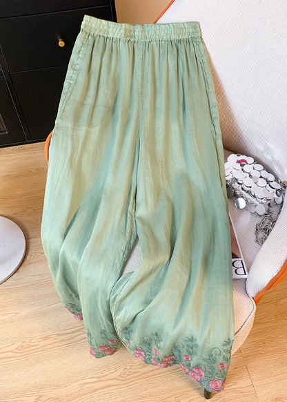 Embroidered Summer Waist Green Linen Pants Pockets Crop Elastic
