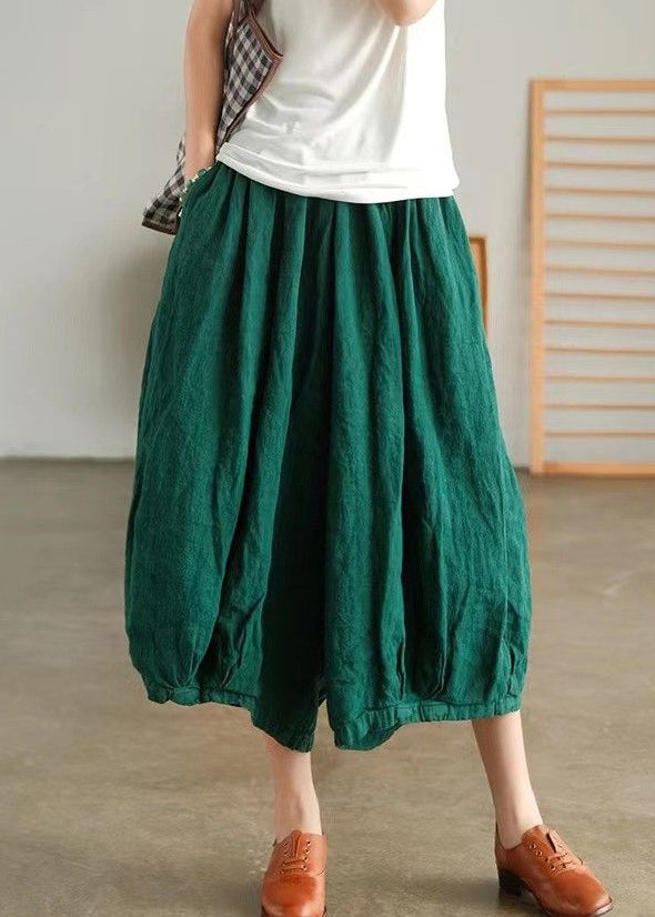 Green Pockets Solid Linen Wide Leg Pants High Waist Summer VV088