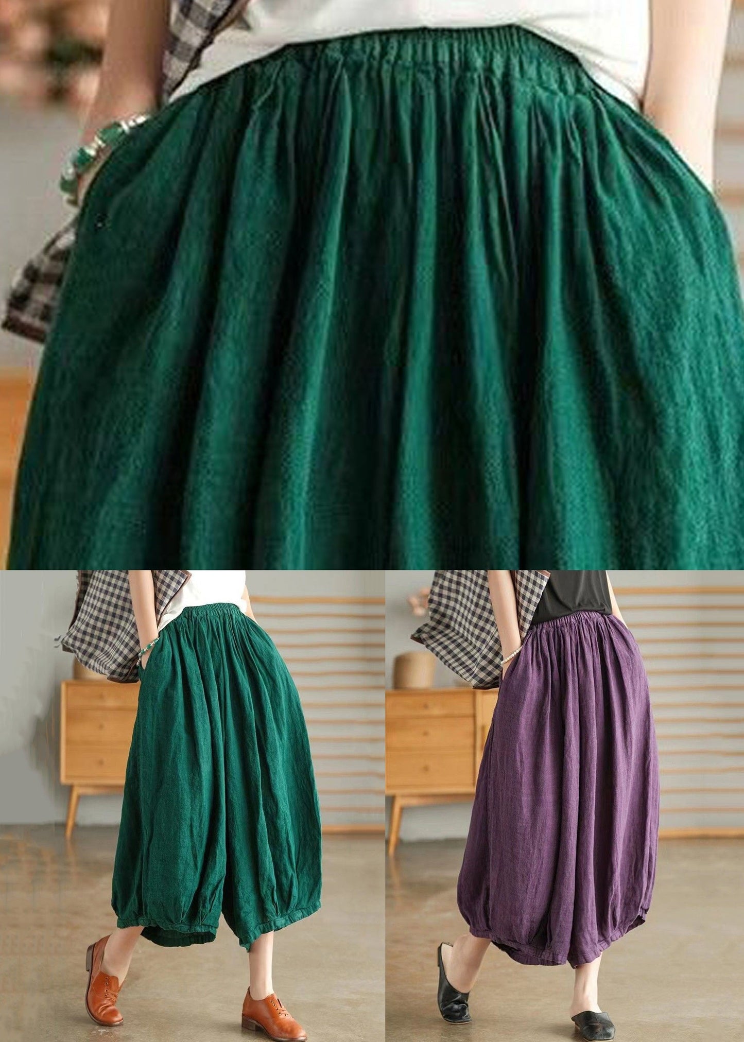 Green Pockets Solid Linen Wide Leg Pants High Waist Summer VV088