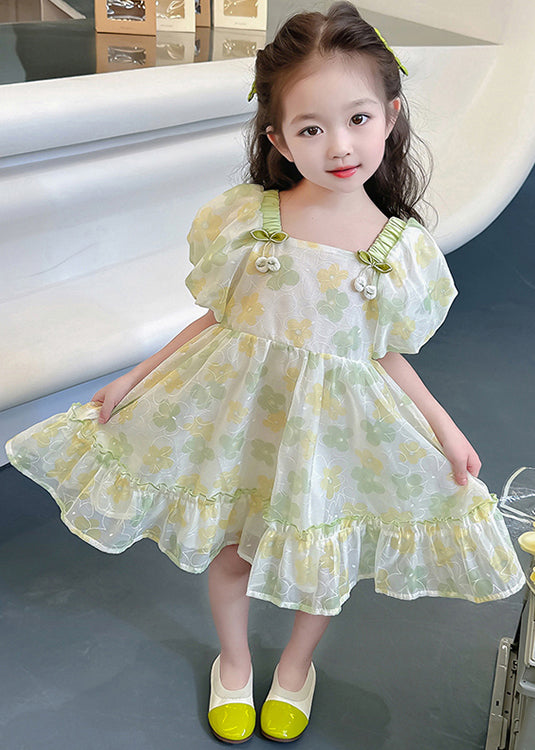 Green Print Cotton Girls Dresses Square Collar Short Sleeve TT020