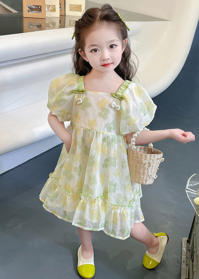 Green Print Cotton Girls Dresses Square Collar Short Sleeve TT020