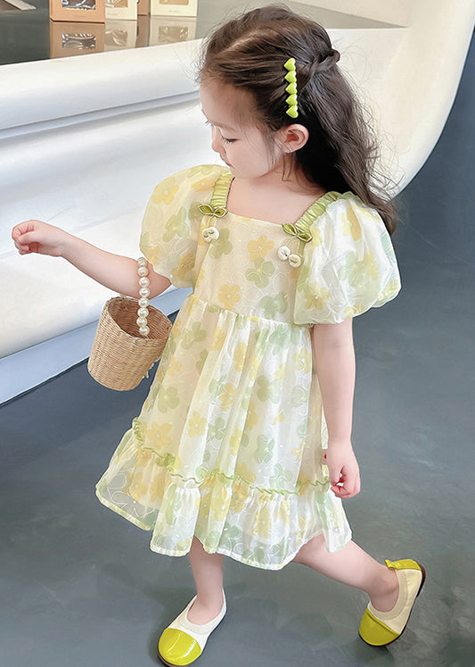 Green Print Cotton Girls Dresses Square Collar Short Sleeve TT020