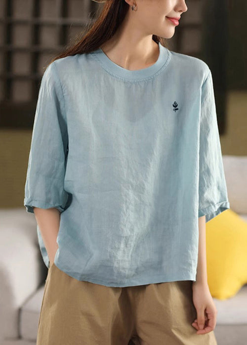 Grünes, halblanges T-Shirt mit Printärmeln und gemütlichem O-Ausschnitt aus Leinen