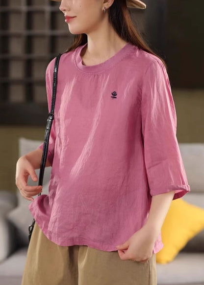 Grünes, halblanges T-Shirt mit Printärmeln und gemütlichem O-Ausschnitt aus Leinen